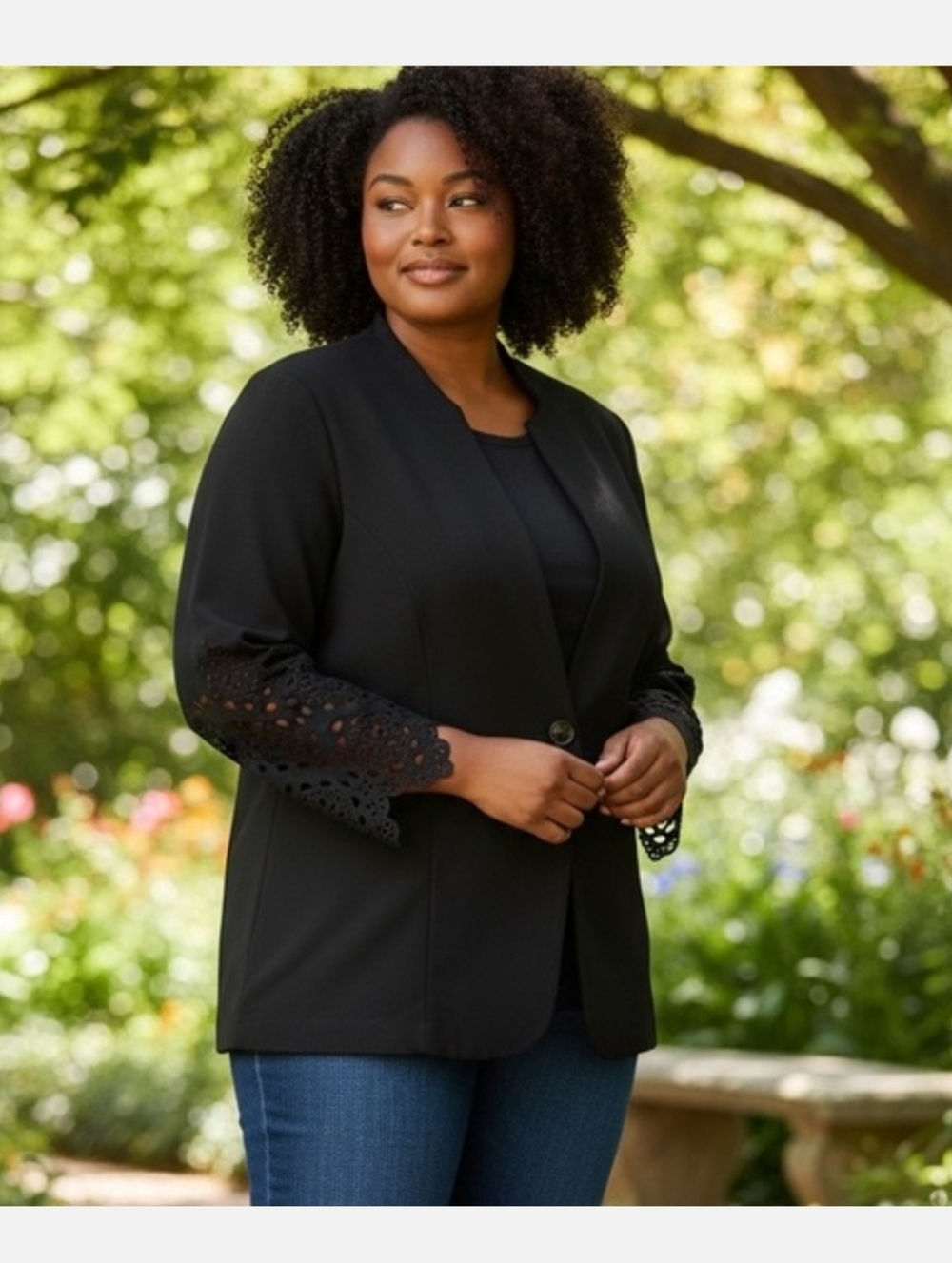 Black Lace-Sleeve Open Front Blazer Jacket - Women